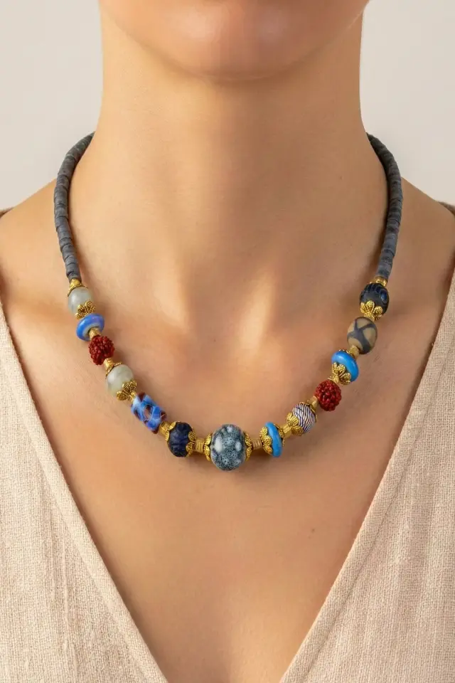 Doğal Taş ve Ahşap Detaylı Etnik Bohem El Yapımı Kolye