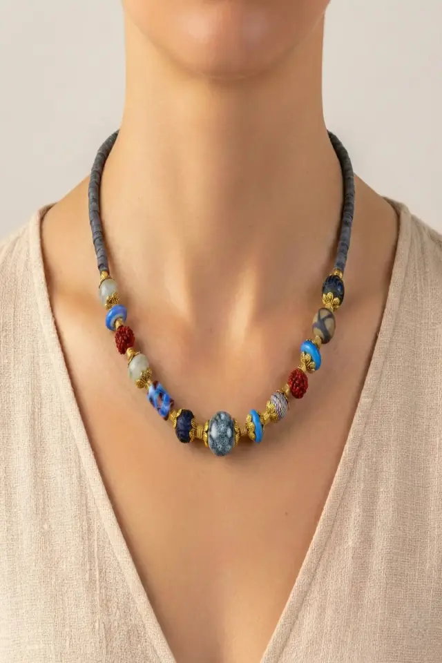 Doğal Taş ve Ahşap Detaylı Etnik Bohem El Yapımı Kolye