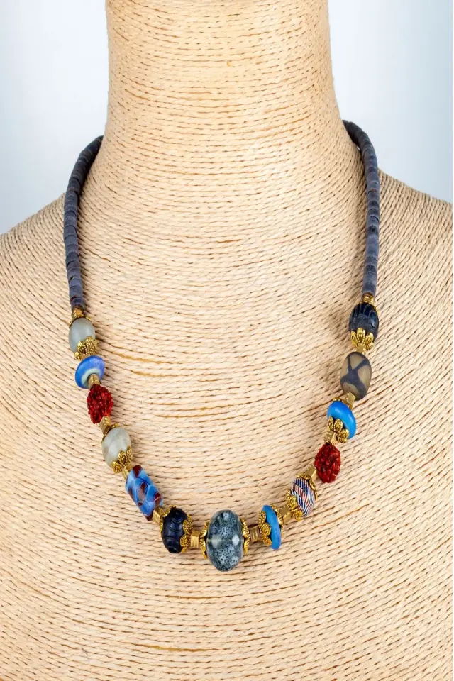 Doğal Taş ve Ahşap Detaylı Etnik Bohem El Yapımı Kolye