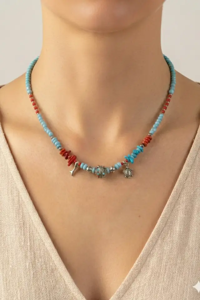 Doğal Taş ve Ahşap Detaylı Etnik Bohem El Yapımı Kolye