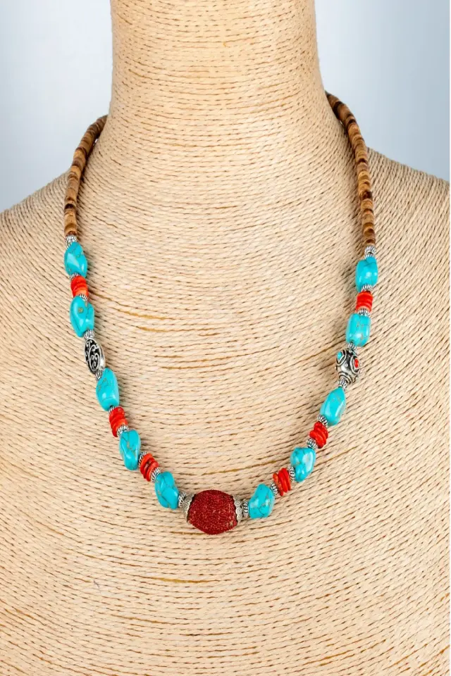 Doğal Taş ve Ahşap Detaylı Etnik Bohem El Yapımı Kolye