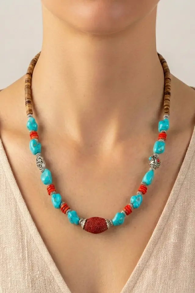 Doğal Taş ve Ahşap Detaylı Etnik Bohem El Yapımı Kolye