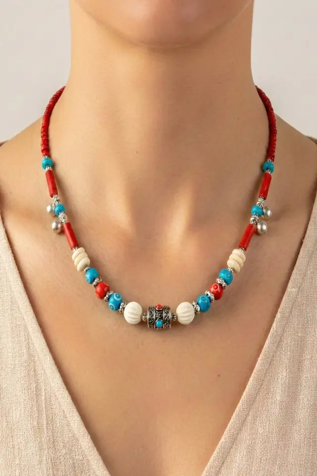 Doğal Taş ve Ahşap Detaylı Etnik Bohem El Yapımı Kolye