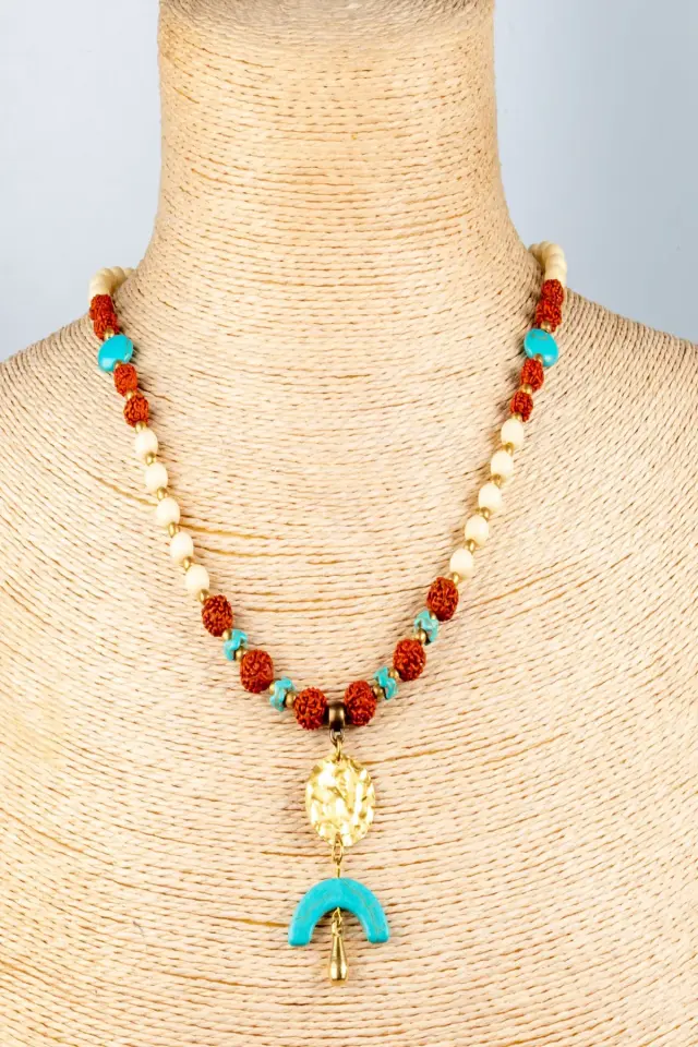 Doğal Taş ve Ahşap Detaylı Etnik Bohem El Yapımı Kolye