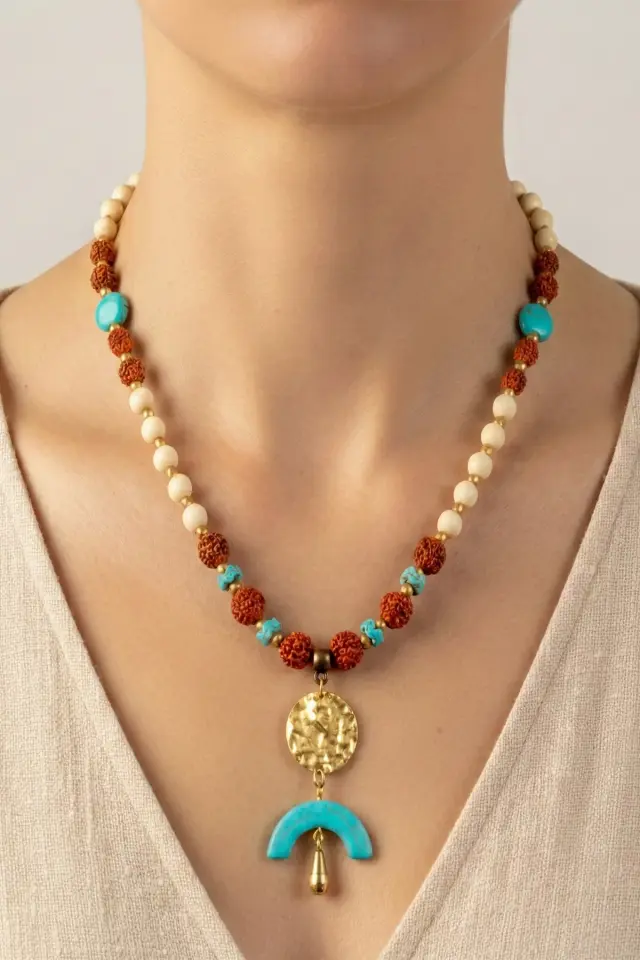 Doğal Taş ve Ahşap Detaylı Etnik Bohem El Yapımı Kolye