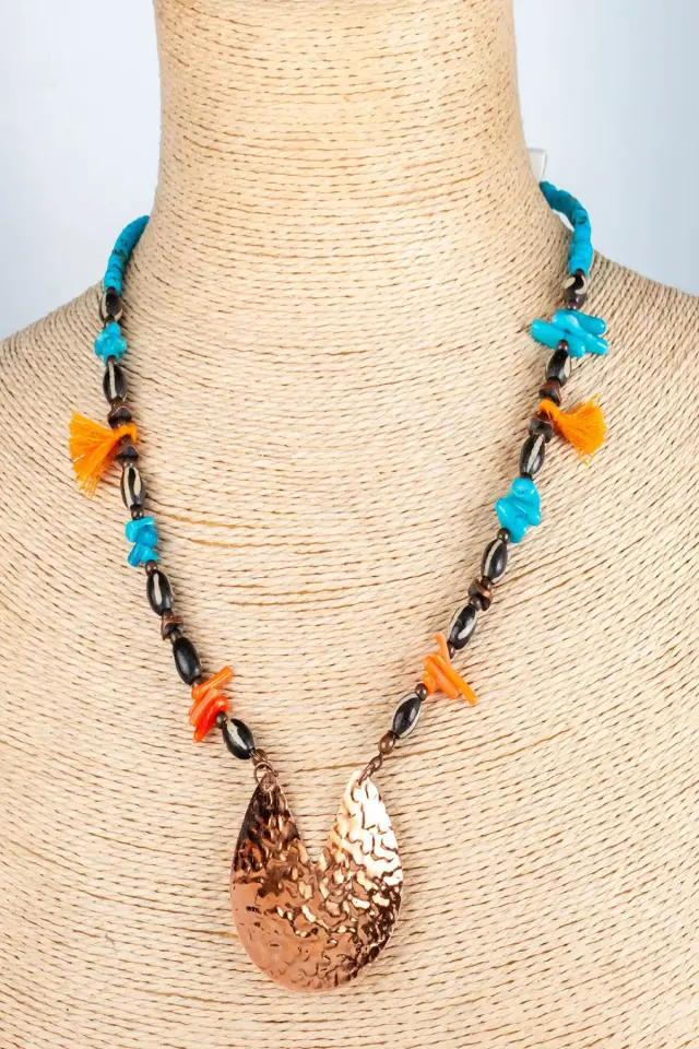 Doğal Taş ve Ahşap Detaylı Etnik Bohem El Yapımı Kolye