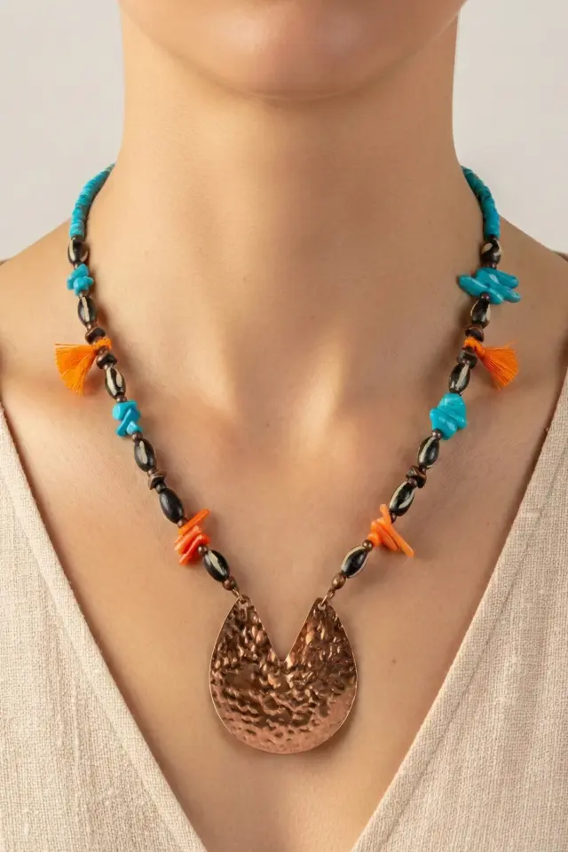 Doğal Taş ve Ahşap Detaylı Etnik Bohem El Yapımı Kolye