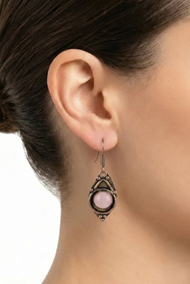Pembe Kuvars Taşlı Otantik Pirinç Küpe - El Yapımı Bohem Takı