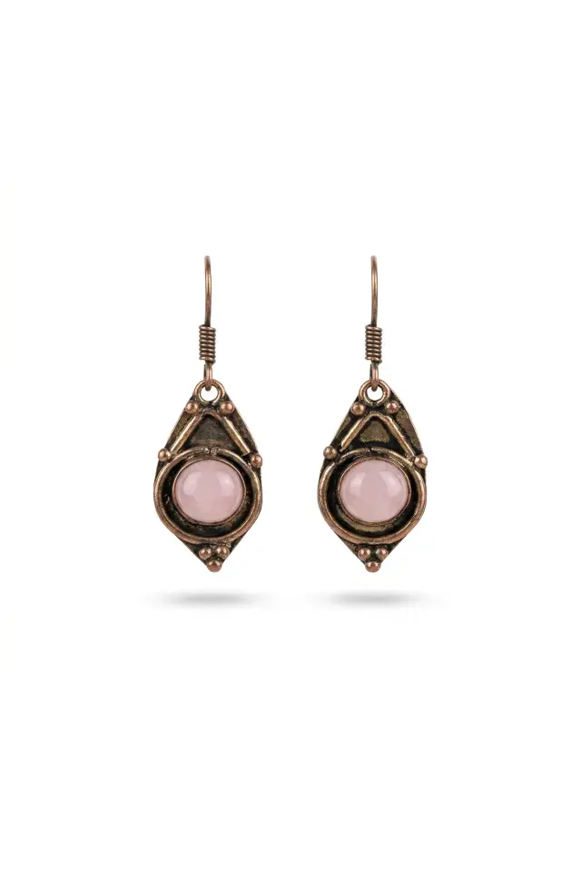 Pembe Kuvars Taşlı Otantik Pirinç Küpe - El Yapımı Bohem Takı