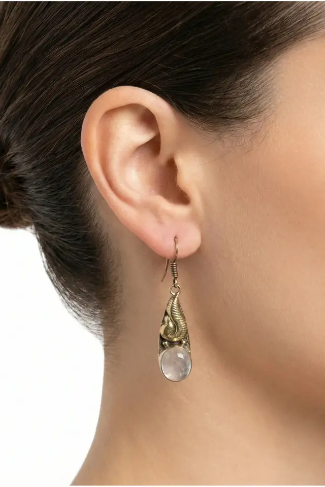 Pembe Kuvars Taşlı Otantik Kadın Pirinç Küpe - El Yapımı Bohem Damla Tasarım