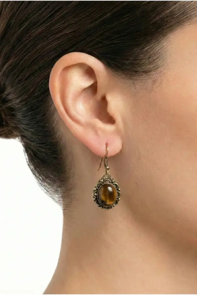 Kaplan Gözü Doğal Taşlı Otantik Kadın Pirinç Küpe - El Yapımı Etnik Tasarım