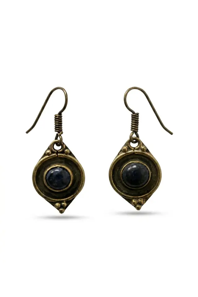 Pirinç El Yapımı Lacivert Doğal Taşlı Bohem Baklava Küpe