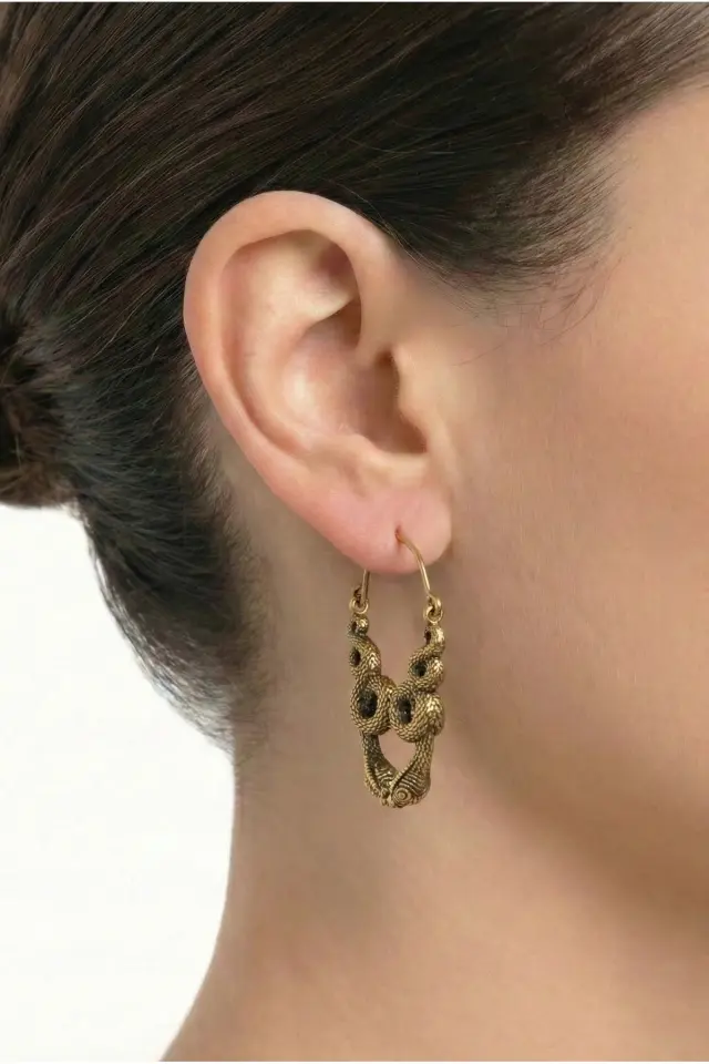 Pirinç El Yapımı Çift Başlı Yılan Halka Küpe