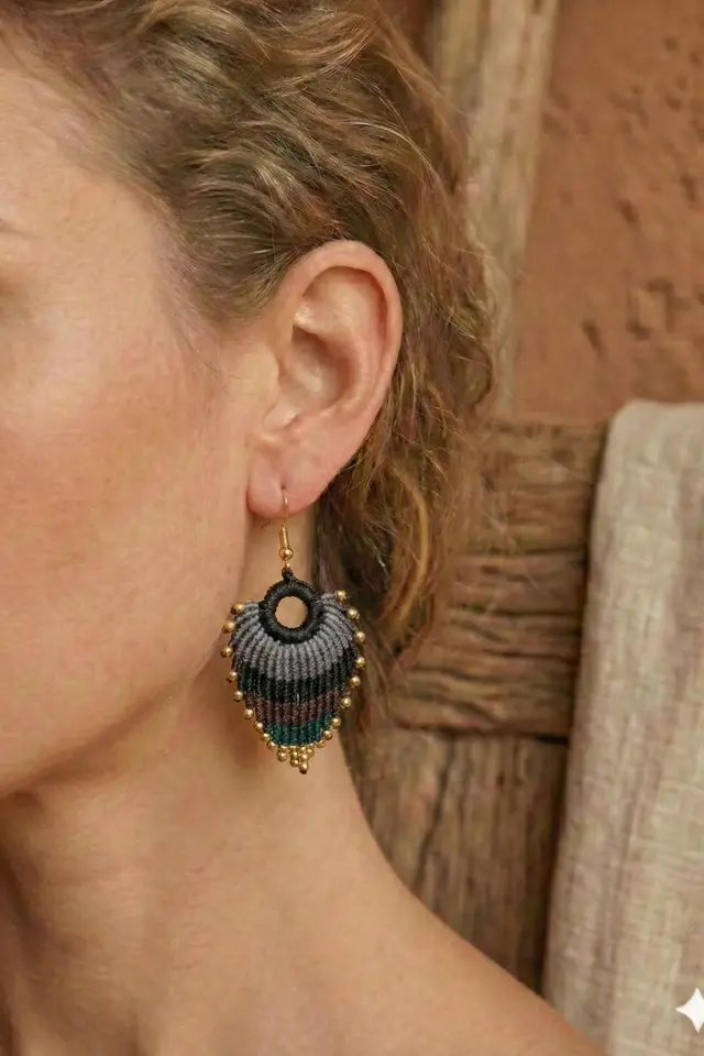 Pirinç Makrome Küpe El Yapımı Bohem Etnik Kadın Küpe