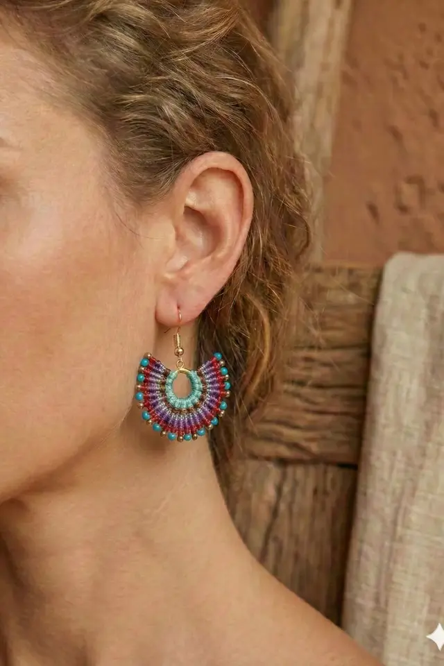 Pirinç Makrome Küpe El Yapımı Bohem Etnik Kadın Küpe