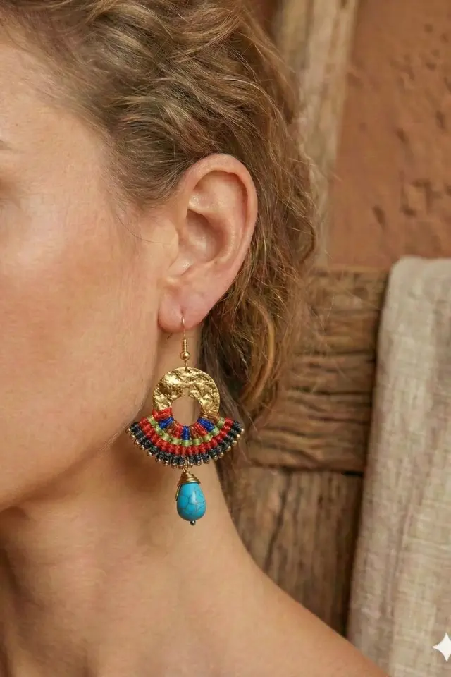 Pirinç Makrome Küpe El Yapımı Turkuaz Taşlı Bohem Etnik Kadın Küpe