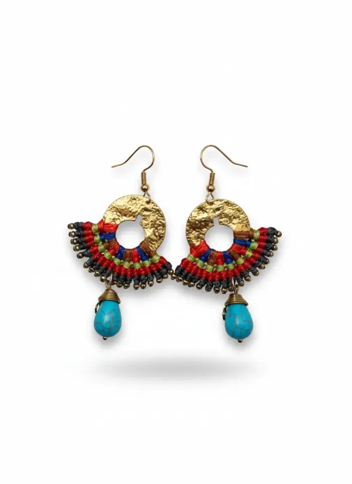 Pirinç Makrome Küpe El Yapımı Turkuaz Taşlı Bohem Etnik Kadın Küpe