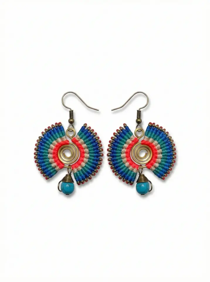 El Yapımı Spiral Detaylı Pirinç  Makrome Küpe  - Turkuaz Boncuklu Etnik Küpe