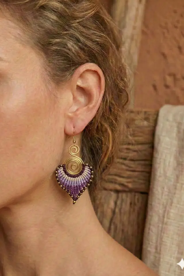 Pirinç Makrome Küpe El Yapımı Bohem Etnik Kadın Küpe