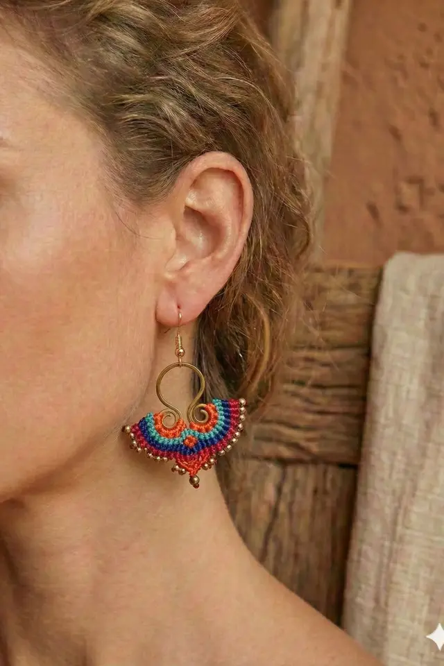 Pirinç Makrome Küpe El Yapımı Bohem Etnik Kadın Küpe