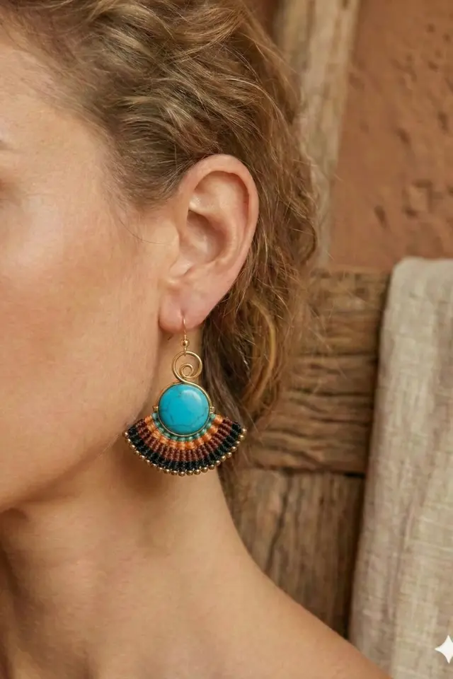 Turkuaz Taşlı Pirinç Makrome Küpe - El Yapımı Bohem Yelpaze Tasarım