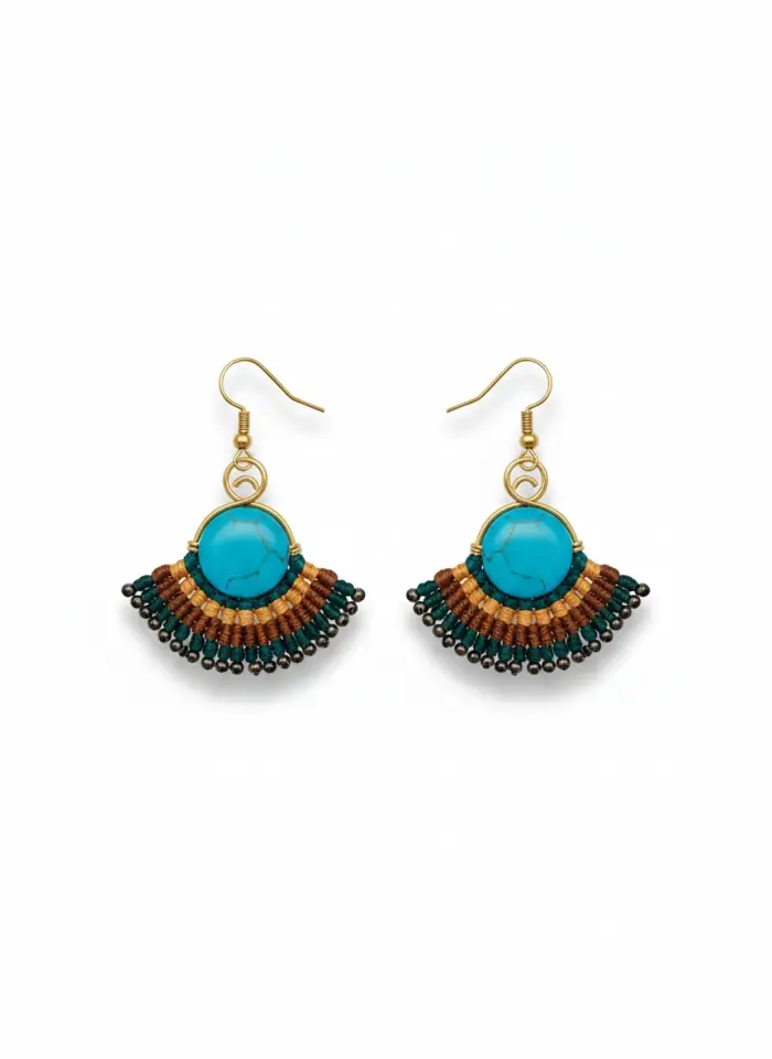 Turkuaz Taşlı Pirinç Makrome Küpe - El Yapımı Bohem Yelpaze Tasarım