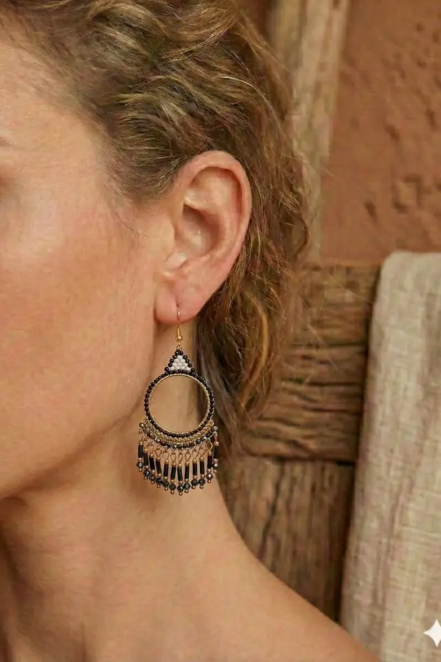 Pirinç Boncuklu El Yapımı Etnik Tasarım Kadın Küpe