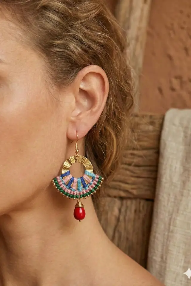 Doğal Taşlı Pirinç Makrome Küpe - El Yapımı Bohem ve Etnik Tasarım