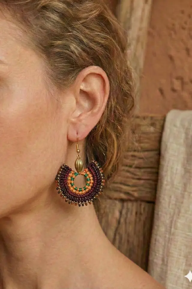 Pirinç Makrome Küpe El Yapımı Bohem Etnik Kadın Küpe