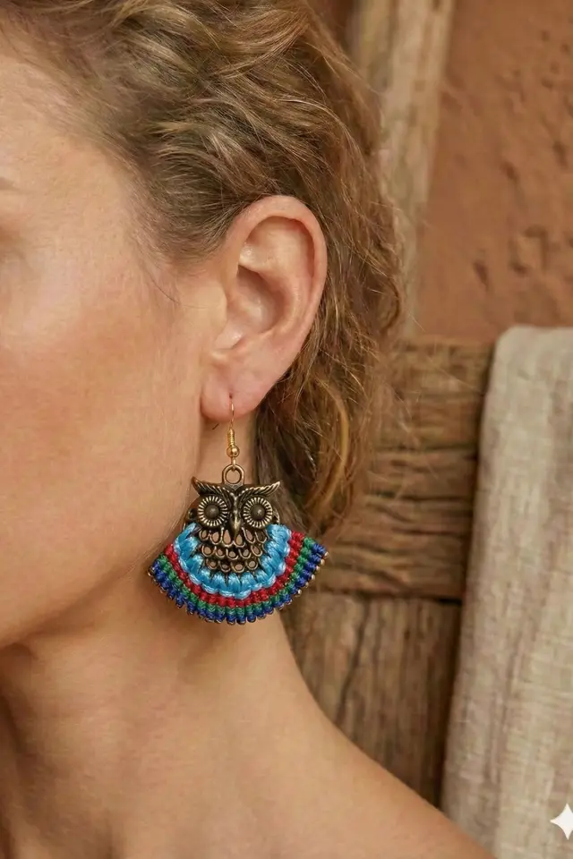 Antik Bronz Baykuş Figürlü Pirinç Makrome Küpe - Renkli Etnik Tasarım