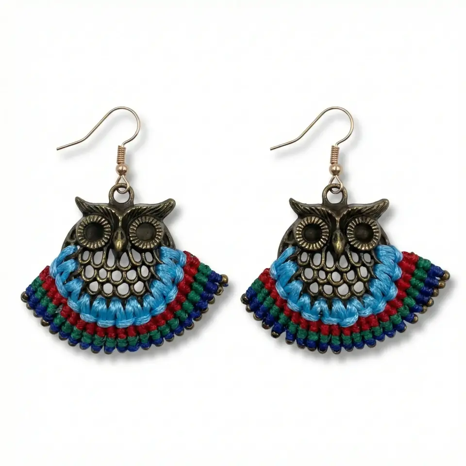 Antik Bronz Baykuş Figürlü Pirinç Makrome Küpe - Renkli Etnik Tasarım