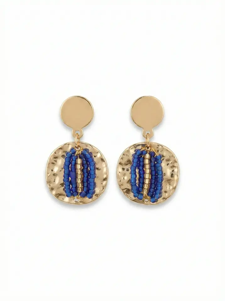 Dövme Altın Plakalı Lacivert Boncuk Küpe - Modern Etnik Tasarım