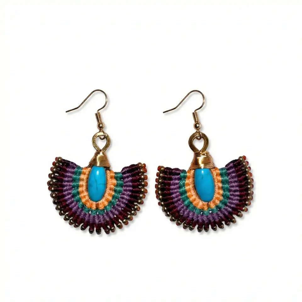 Turkuaz Taşlı Pirinç Makrome Küpe - El Yapımı Bohem Yelpaze Tasarım