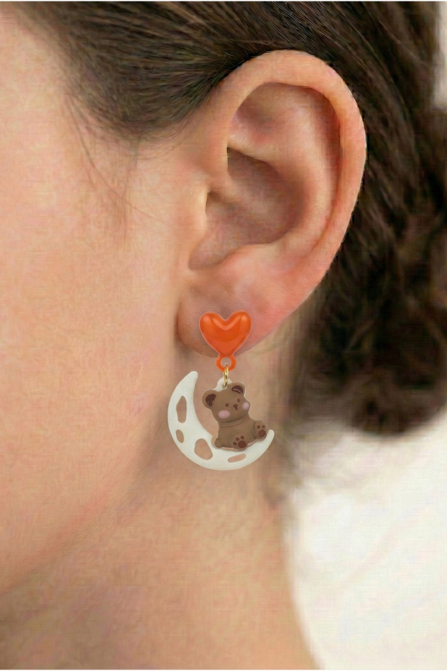 925 Ayar Gümüş Klipsli Mineli Kalpli Ayıcık ve Ay Figürlü Çocuk Küpe