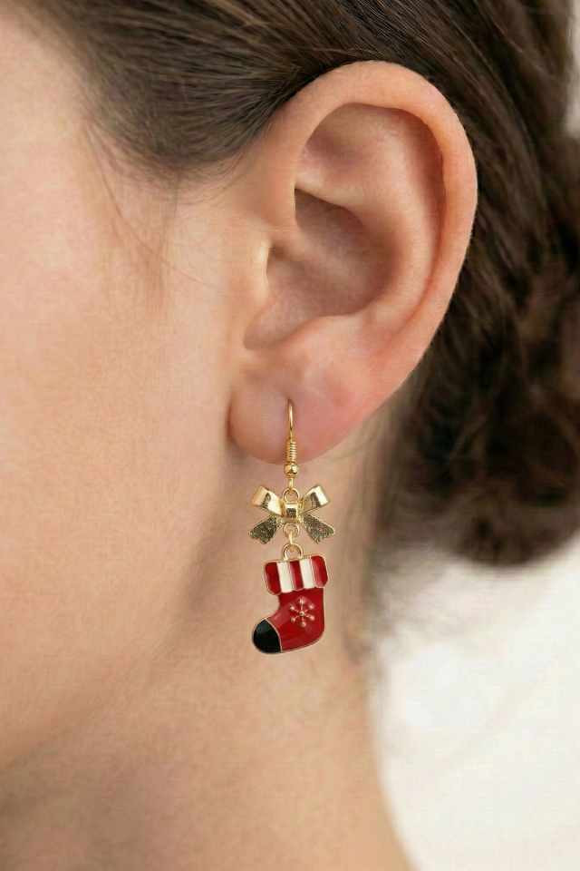 925 Ayar Gümüş Altın Kaplama Mineli Yılbaşı Çorabı Figürlü Küpe