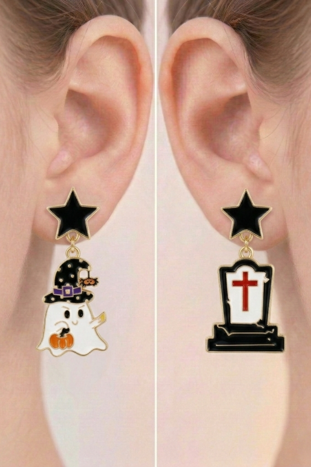 925 Ayar Gümüş Hayalet ve Mezar Taşı Temalı Cadılar Bayramı Küpesi