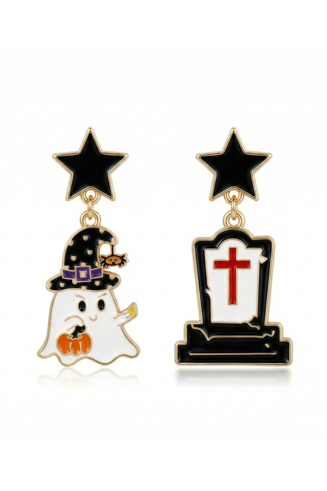 925 Ayar Gümüş Hayalet ve Mezar Taşı Temalı Cadılar Bayramı Küpesi