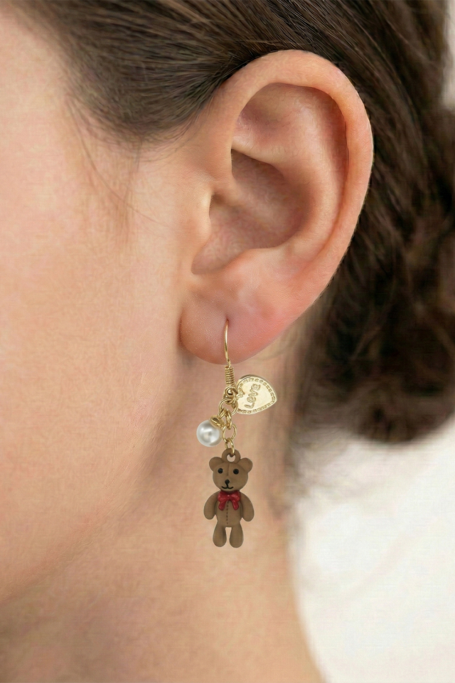 925 Ayar Gümüş Klipsli İncili ve Kalpli Teddy Bear Ayıcık Küpe