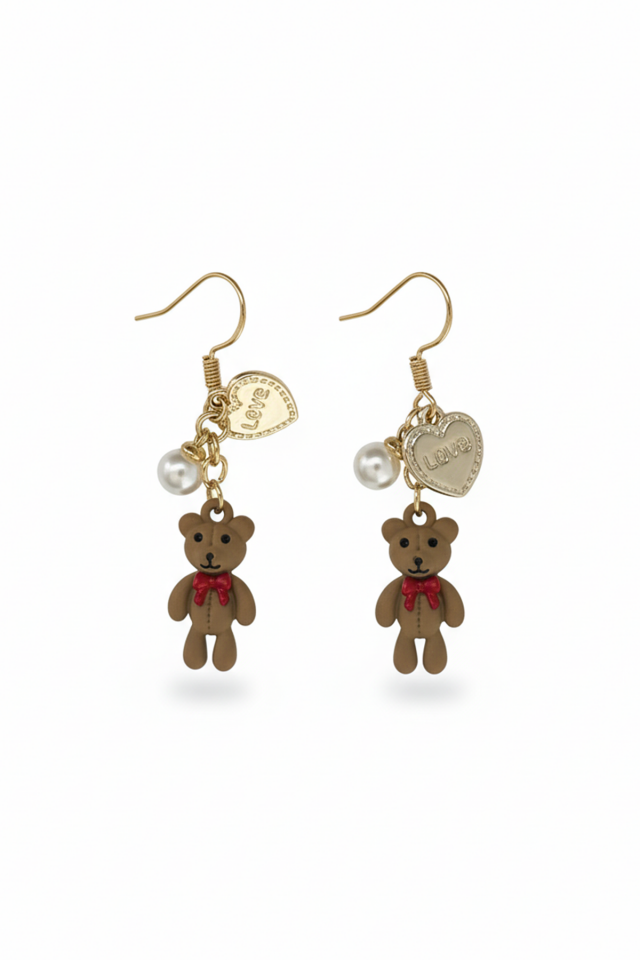 925 Ayar Gümüş Klipsli İncili ve Kalpli Teddy Bear Ayıcık Küpe