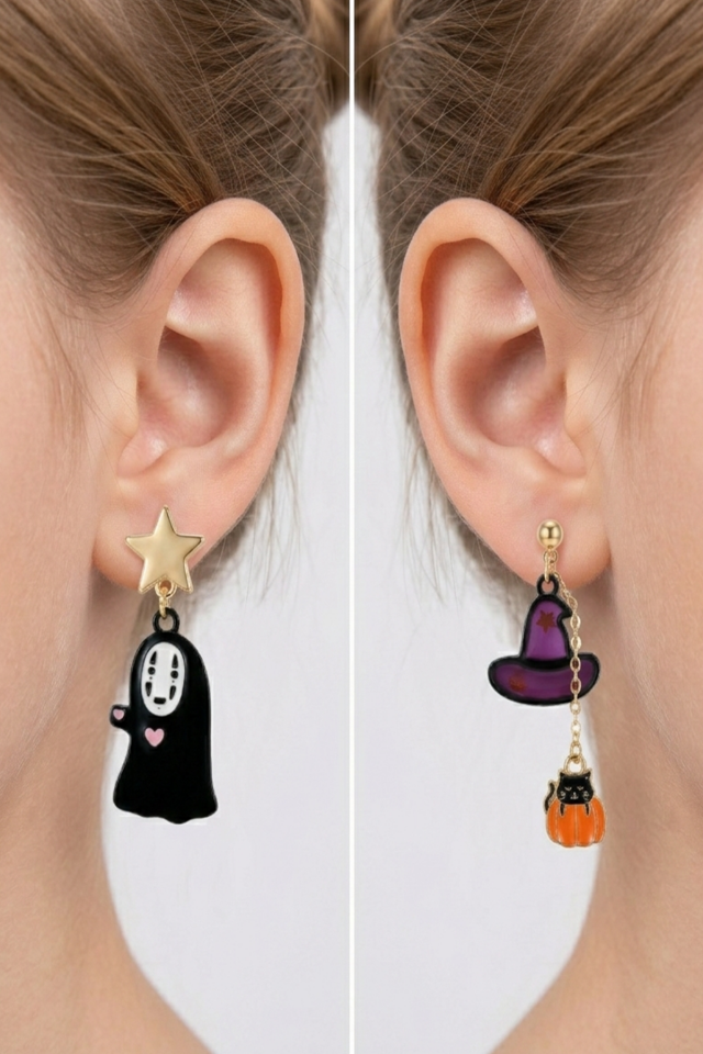 925 Ayar Gümüş Klipsli No Face Kaonashi ve Cadı Şapkası Temalı Küpe