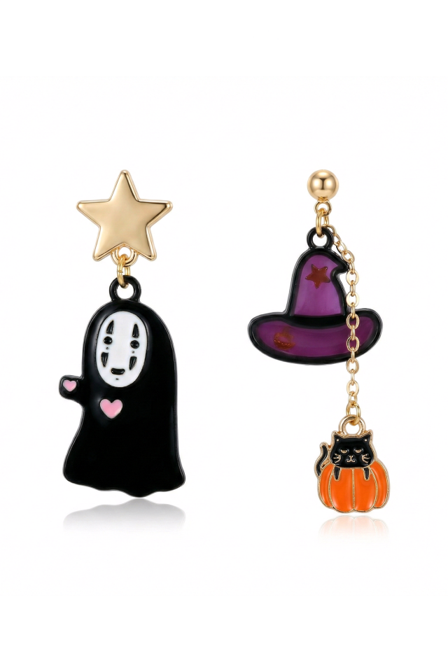 925 Ayar Gümüş Klipsli No Face Kaonashi ve Cadı Şapkası Temalı Küpe