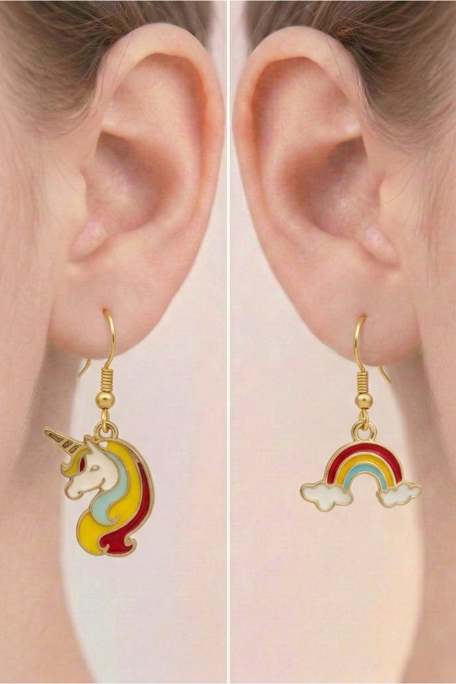 925 Ayar Gümüş Klipsli Unicorn Tek Boynuzlu At ve Gökkuşağı Küpe