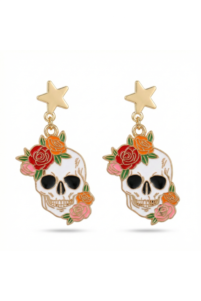 925 Ayar Gümüş Klipsli Güllü Kurukafa Tasarımlı Sanatsal Küpe