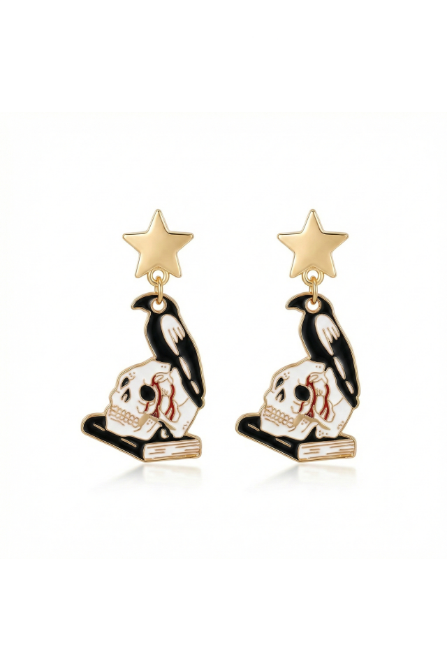 925 Ayar Gümüş Klipsli Kitap Üzerinde Kurukafa ve Kuzgun Küpe