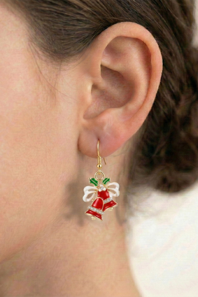 925 Ayar Gümüş Klipsli Yılbaşı Çanı ve Kurdele Tasarımlı Taşlı Küpe