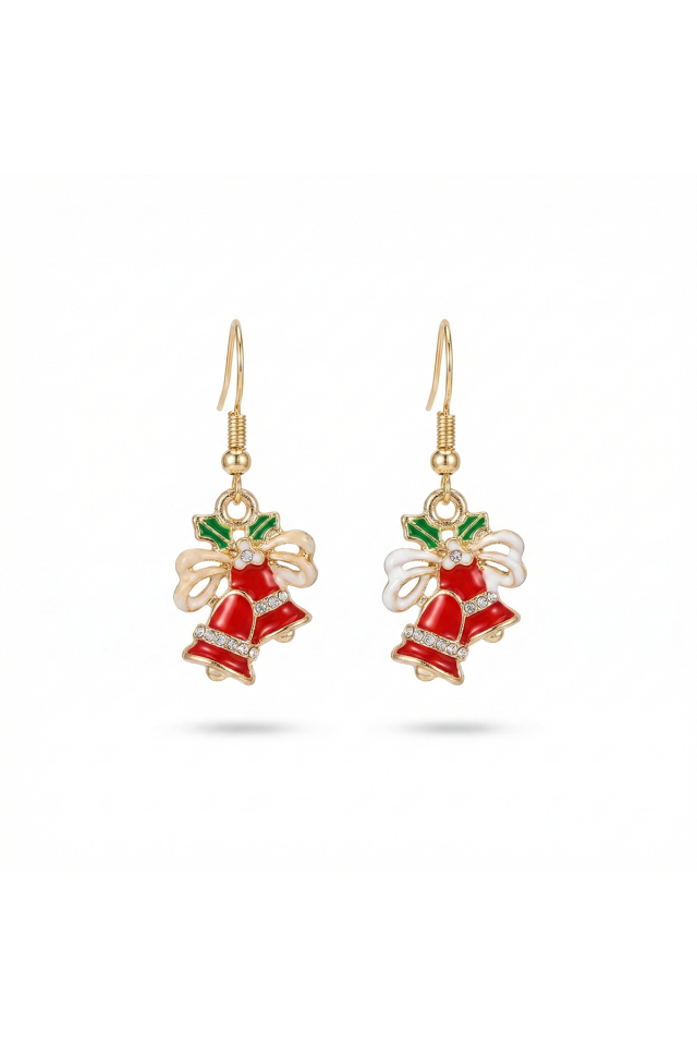 925 Ayar Gümüş Klipsli Yılbaşı Çanı ve Kurdele Tasarımlı Taşlı Küpe