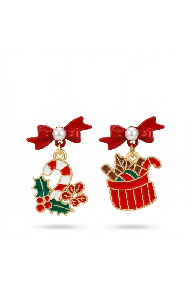 925 Ayar Gümüş Klipsli İnci ve Kurdeleli Baston Şeker Yılbaşı Küpesi