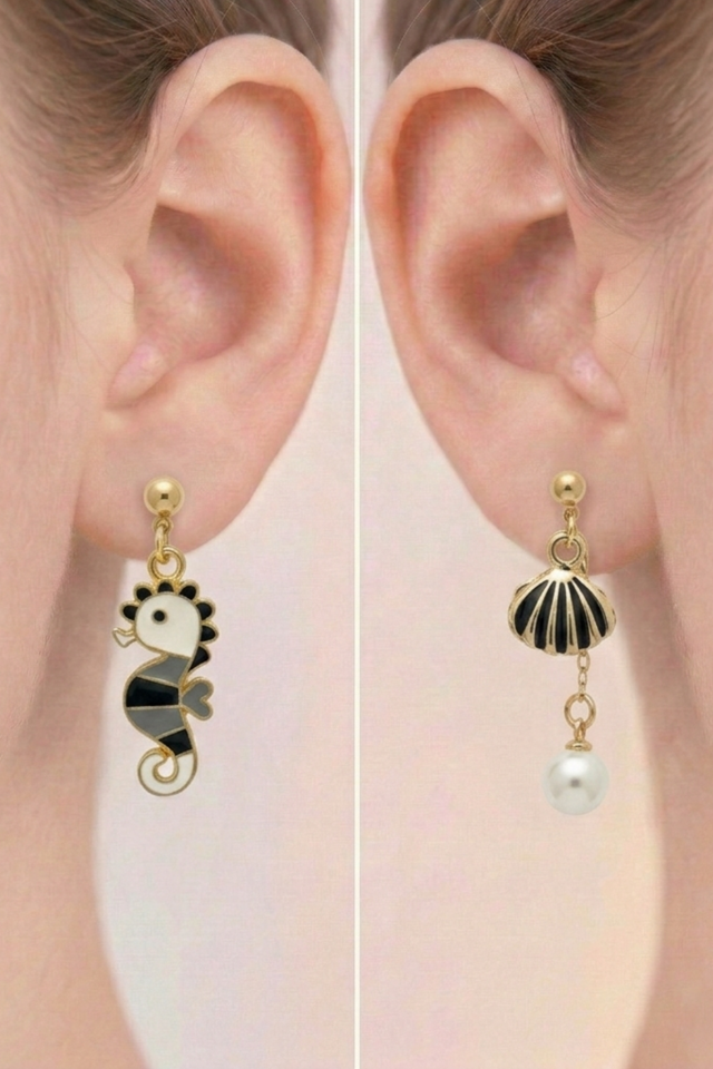 925 Ayar Gümüş Klipsli Denizatı ve İncili Deniz Kabuğu Küpe