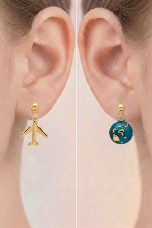 925 Ayar Klipsli Asimetrik Dünya ve Uçak Figürlü Seyahat Küpesi