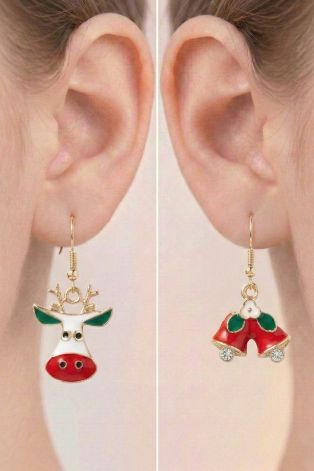 925 Ayar Klipsli Asimetrik Yılbaşı Geyiği ve Noel Zili Küpe